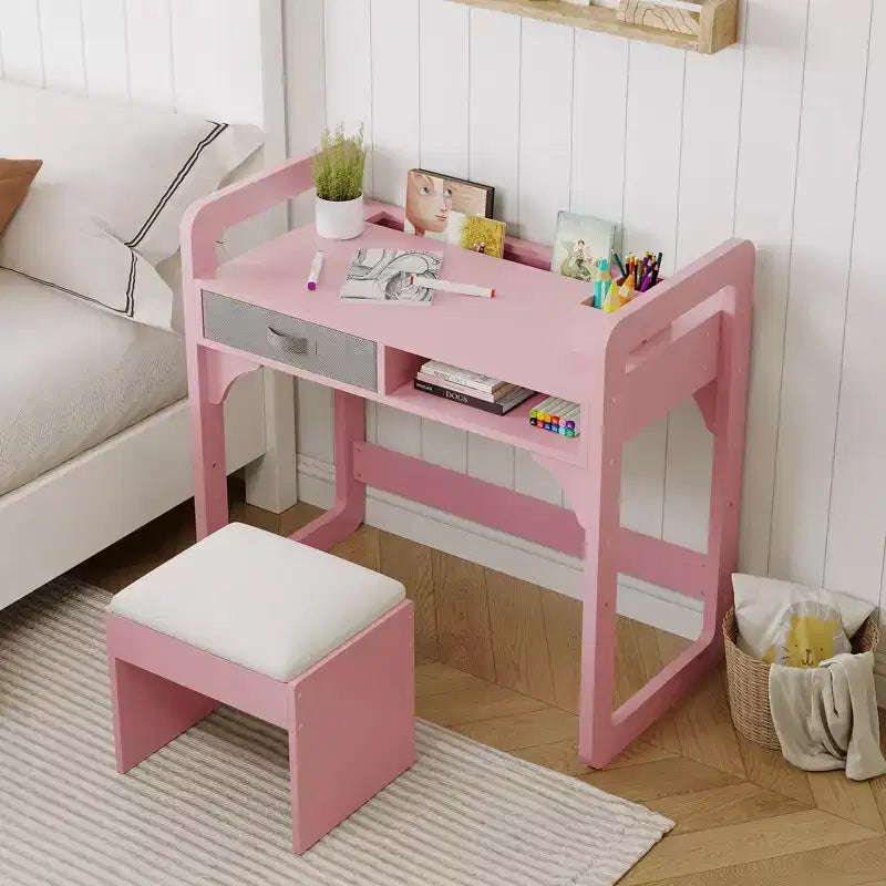 Ensemble bureau et chaise pour enfants, bureau d'étude pour garçons et filles, table d'écriture en bois pour enfants avec tiroirs en tissu et porte-stylo