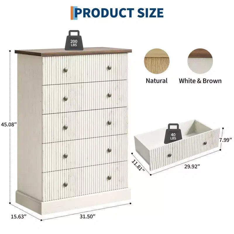 COZONY Commode haute à 5 tiroirs de 114 cm pour chambre à coucher, avec détails cannelés verticaux en bois et poignées métalliques, rangement peu encombrant pour appartement ou chambre d'amis