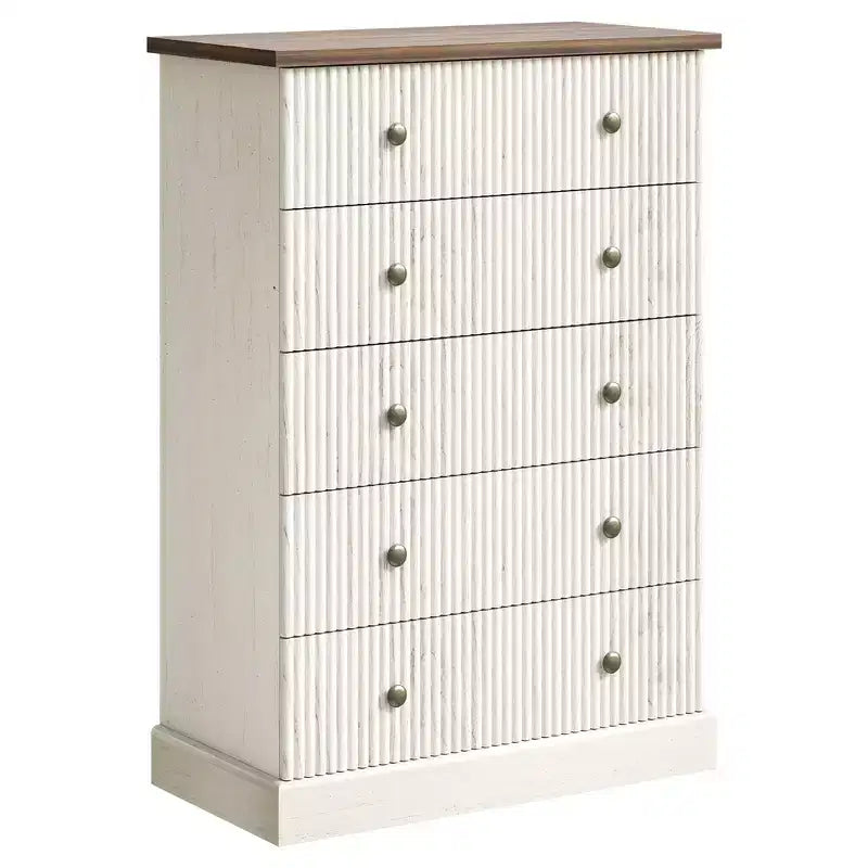 COZONY Commode haute à 5 tiroirs de 114 cm pour chambre à coucher, avec détails cannelés verticaux en bois et poignées métalliques, rangement peu encombrant pour appartement ou chambre d'amis