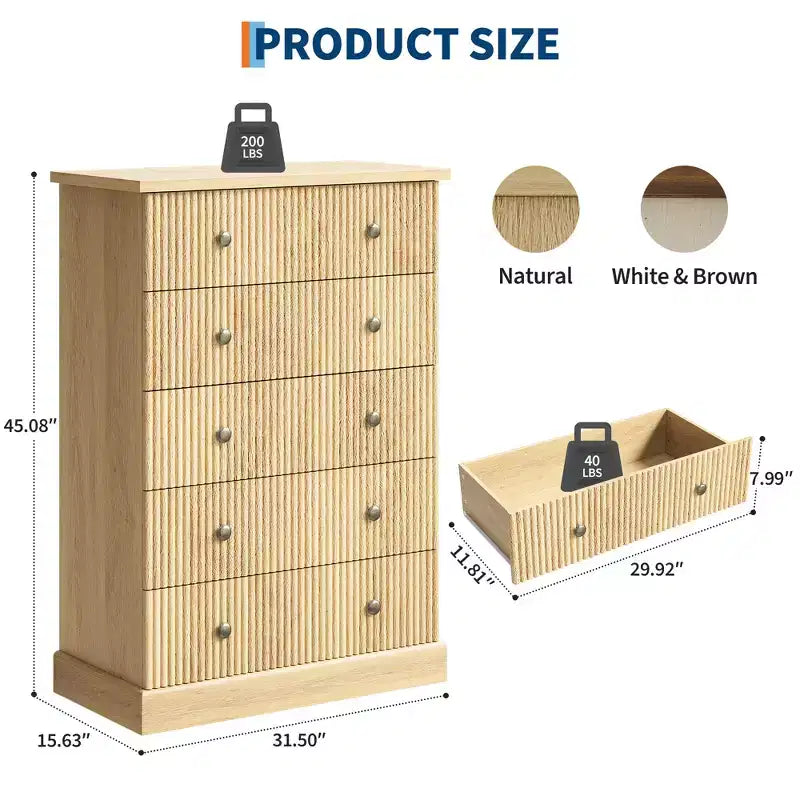 COZONY Commode haute à 5 tiroirs de 114 cm pour chambre à coucher, avec détails cannelés verticaux en bois et poignées métalliques, rangement peu encombrant pour appartement ou chambre d'amis