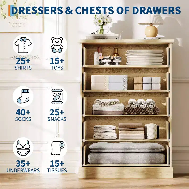 COZONY Commode haute à 5 tiroirs de 114 cm pour chambre à coucher, avec détails cannelés verticaux en bois et poignées métalliques, rangement peu encombrant pour appartement ou chambre d'amis