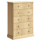 COZONY Commode haute à 5 tiroirs de 114 cm pour chambre à coucher, avec détails cannelés verticaux en bois et poignées métalliques, rangement peu encombrant pour appartement ou chambre d'amis