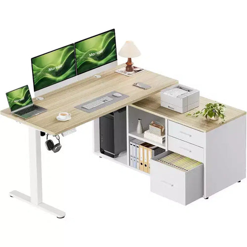 55 X 24 In Electric Height Adjustable Stand up Desk, L-Shaped Executive Standing Desk with File Cabinet, Home Office Modern Computer Desk