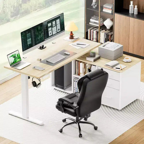 Bureau debout électrique réglable en hauteur 55 X 24 pouces, bureau debout exécutif en forme de L avec classeur, bureau d'ordinateur moderne pour bureau à domicile