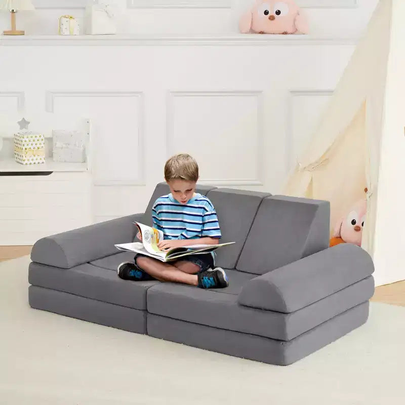 Canapé d'angle modulable 10 pièces convertible pour enfants, coussins de jeu en mousse souple avec piscine à balles, canapé de jeu pour garçons et filles (gris)