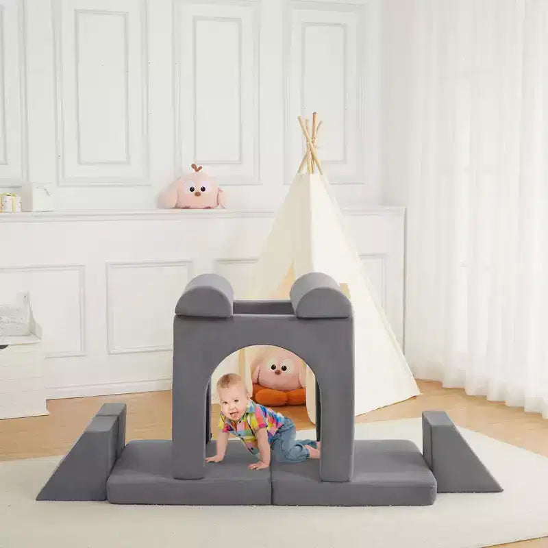 Canapé d'angle modulable 10 pièces convertible pour enfants, coussins de jeu en mousse souple avec piscine à balles, canapé de jeu pour garçons et filles (gris)