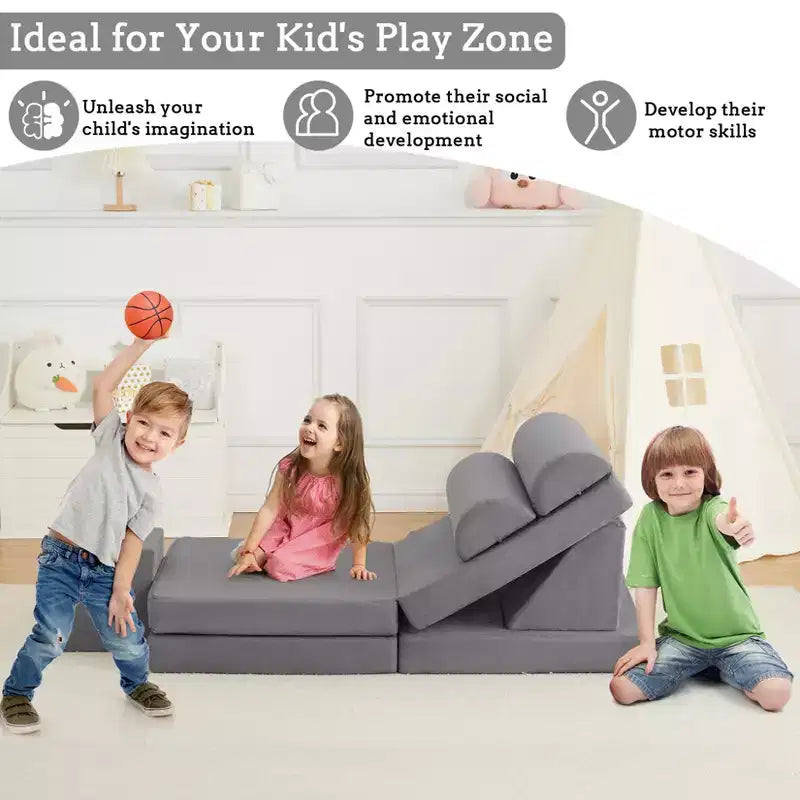 Canapé d'angle modulable 10 pièces convertible pour enfants, coussins de jeu en mousse souple avec piscine à balles, canapé de jeu pour garçons et filles (gris)