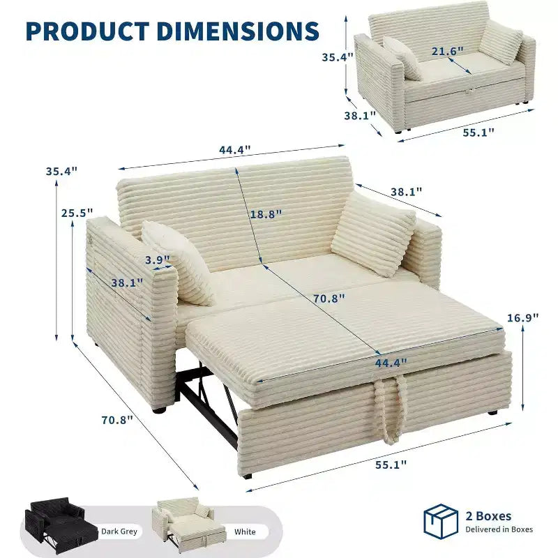 Canapé-lit 2 places en velours côtelé de 122 cm, dossier réglable avec station de charge et poches latérales, canapé-lit escamotable pour salon, chambre à coucher, appartement