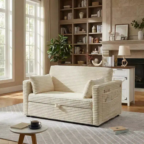 48'' Corduroy Loveseat Sleeper Sofa Bed, Adjustable Backrest with Charging Station & Side Pockets, Pull Out Couch for Living Room Bedroom Apartment