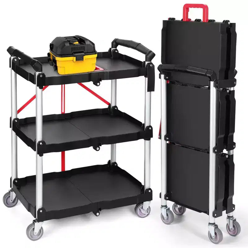 176LBS Folding Utility Cart with Wheels, Foldable Utility Service Cart, 3 Tier Collapsible Rolling Cart with 360Swivel Wheels, Portable Cart