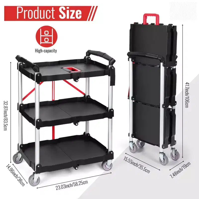 Chariot Utilitaire Pliant de 80 kg avec Roues, Chariot de Service Pliable, Chariot Roulant Pliant à 3 Niveaux avec Roues Pivotantes à 360°, Chariot Portable