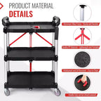 Chariot Utilitaire Pliant de 80 kg avec Roues, Chariot de Service Pliable, Chariot Roulant Pliant à 3 Niveaux avec Roues Pivotantes à 360°, Chariot Portable