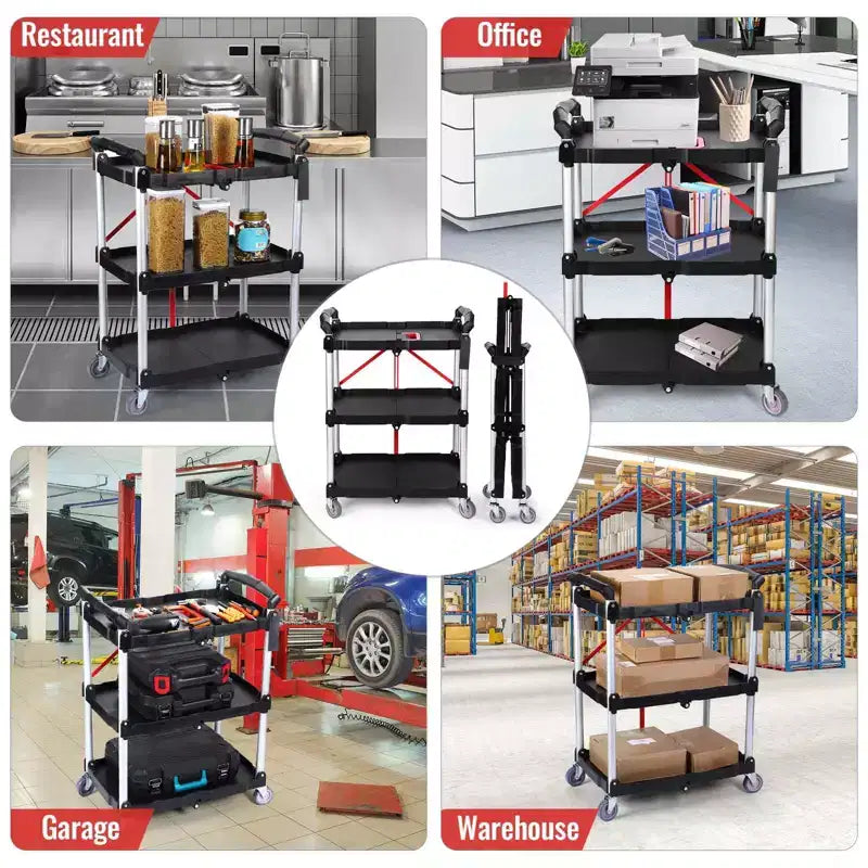 Chariot Utilitaire Pliant de 80 kg avec Roues, Chariot de Service Pliable, Chariot Roulant Pliant à 3 Niveaux avec Roues Pivotantes à 360°, Chariot Portable