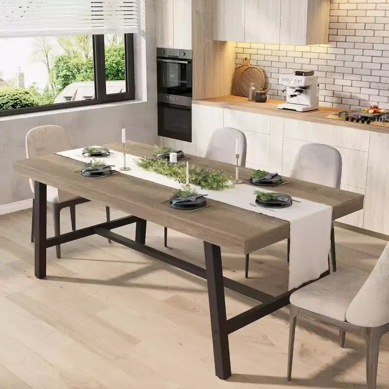 Table à manger industrielle pour 6-8 personnes, longue table en bois de 180 cm, sièges rectangulaires pour le dîner, la cuisine, la salle à manger