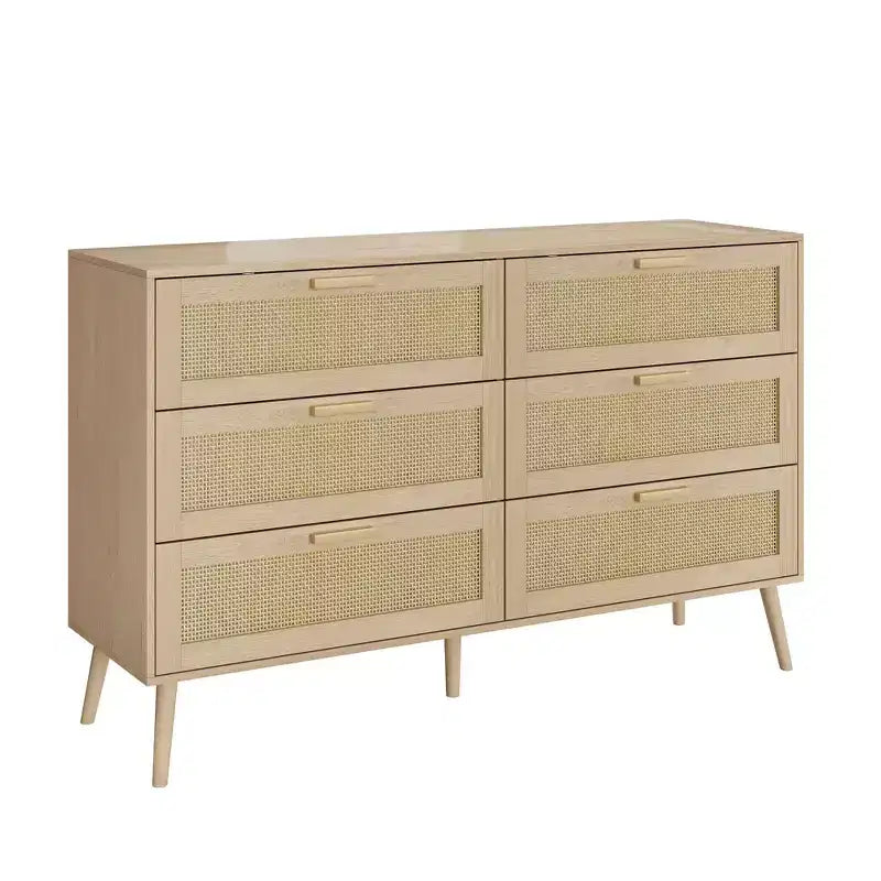 JVNOXK Armoire 6 tiroirs en rotin, Coiffeuse, Commode large avec poignées en bois, Meuble de rangement en rotin adapté au salon