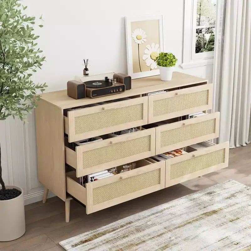 JVNOXK Armoire 6 tiroirs en rotin, Coiffeuse, Commode large avec poignées en bois, Meuble de rangement en rotin adapté au salon