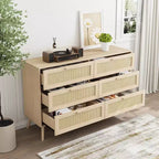 JVNOXK Armoire 6 tiroirs en rotin, Coiffeuse, Commode large avec poignées en bois, Meuble de rangement en rotin adapté au salon