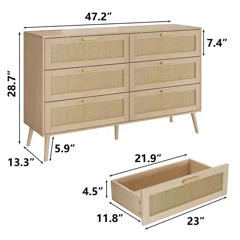 JVNOXK Armoire 6 tiroirs en rotin, Coiffeuse, Commode large avec poignées en bois, Meuble de rangement en rotin adapté au salon