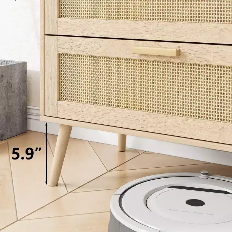 JVNOXK Armoire 6 tiroirs en rotin, Coiffeuse, Commode large avec poignées en bois, Meuble de rangement en rotin adapté au salon