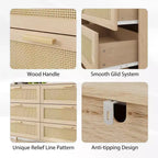 JVNOXK Armoire 6 tiroirs en rotin, Coiffeuse, Commode large avec poignées en bois, Meuble de rangement en rotin adapté au salon
