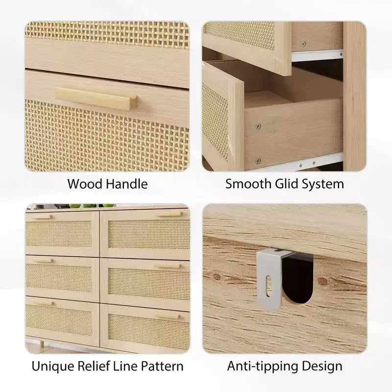 JVNOXK Armoire 6 tiroirs en rotin, Coiffeuse, Commode large avec poignées en bois, Meuble de rangement en rotin adapté au salon