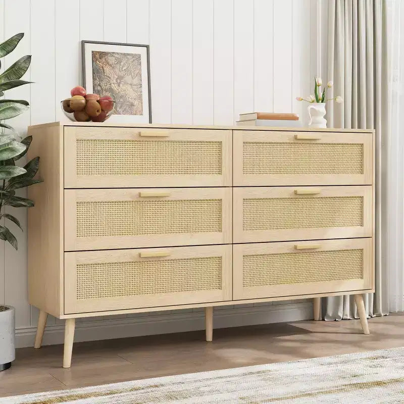 JVNOXK Armoire 6 tiroirs en rotin, Coiffeuse, Commode large avec poignées en bois, Meuble de rangement en rotin adapté au salon