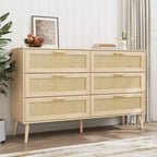 JVNOXK Armoire 6 tiroirs en rotin, Coiffeuse, Commode large avec poignées en bois, Meuble de rangement en rotin adapté au salon