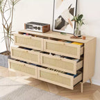 JVNOXK Armoire 6 tiroirs en rotin, Coiffeuse, Commode large avec poignées en bois, Meuble de rangement en rotin adapté au salon