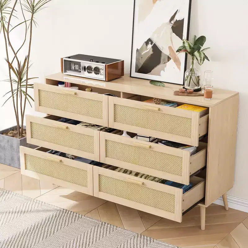 JVNOXK Armoire 6 tiroirs en rotin, Coiffeuse, Commode large avec poignées en bois, Meuble de rangement en rotin adapté au salon