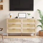 JVNOXK Armoire 6 tiroirs en rotin, Coiffeuse, Commode large avec poignées en bois, Meuble de rangement en rotin adapté au salon