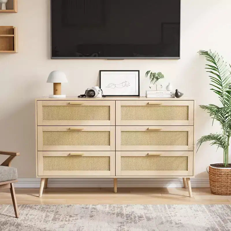 JVNOXK Armoire 6 tiroirs en rotin, Coiffeuse, Commode large avec poignées en bois, Meuble de rangement en rotin adapté au salon
