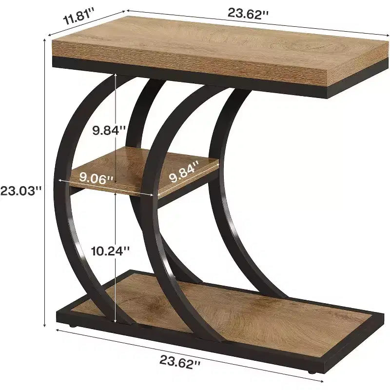 Table d'appoint Lantine pour salon, table d'appoint étroite en bois à 3 niveaux en forme de C avec rangement pour petits espaces, marron