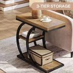 Table d'appoint Lantine pour salon, table d'appoint étroite en bois à 3 niveaux en forme de C avec rangement pour petits espaces, marron