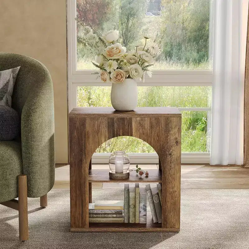 Table d'appoint à 3 niveaux Lantine, table d'appoint en bois avec étagère de rangement ouverte pour salon, petit espace, montage facile