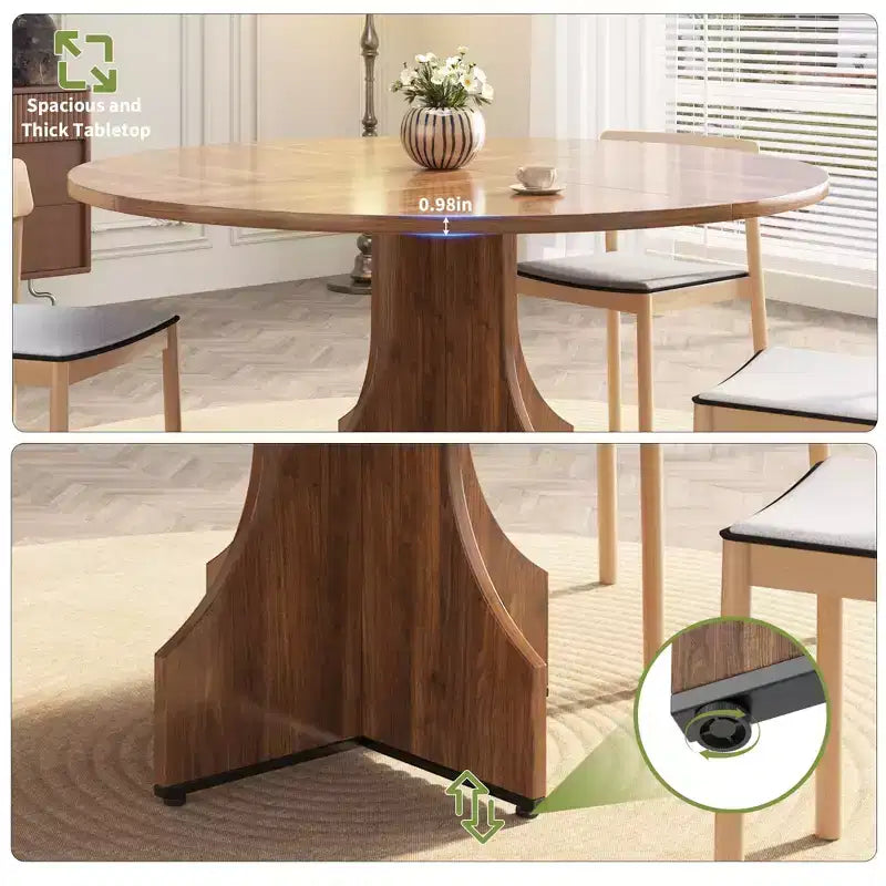 Table à manger ronde de 119,38 cm de style Ferme pour 4 à 6 personnes, Table de cuisine ronde en bois, Meuble de coin repas rustique circulaire pour appartement ou salle à manger