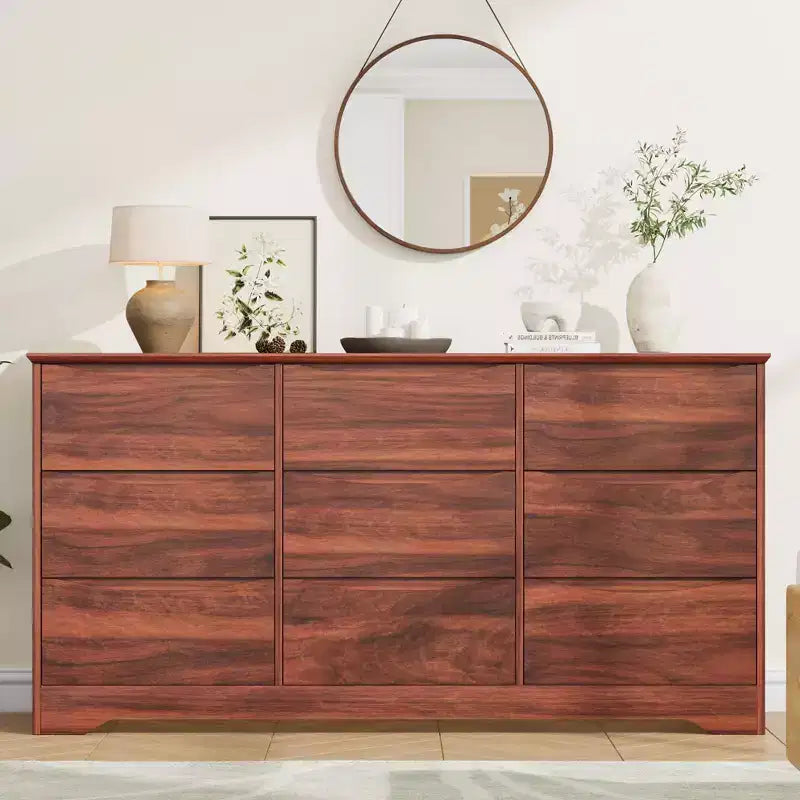 Grande commode en bois moderne à 9 tiroirs, rangement profond et grand coffre à plateau large pour chambre, salon, couloir, chambre d'enfant