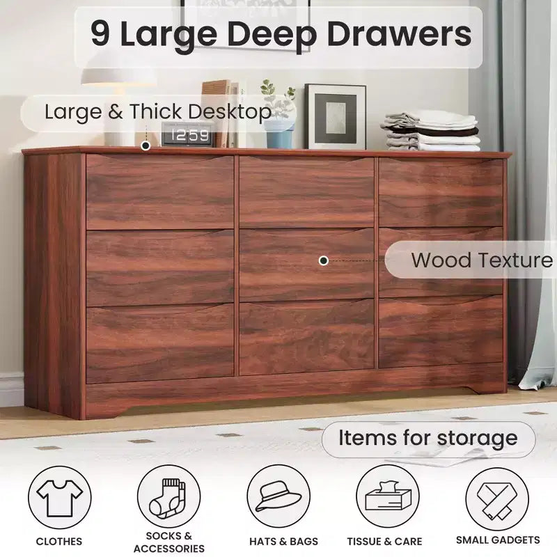 Grande commode en bois moderne à 9 tiroirs, rangement profond et grand coffre à plateau large pour chambre, salon, couloir, chambre d'enfant