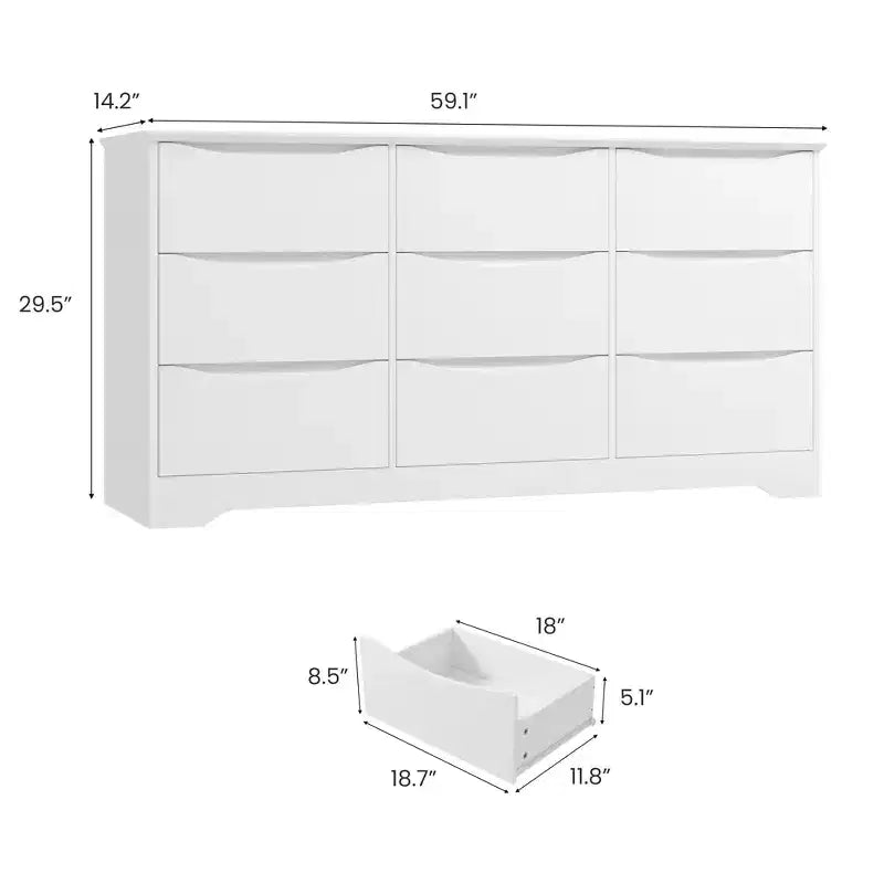 Grande commode en bois moderne à 9 tiroirs, rangement profond et grand coffre à plateau large pour chambre, salon, couloir, chambre d'enfant