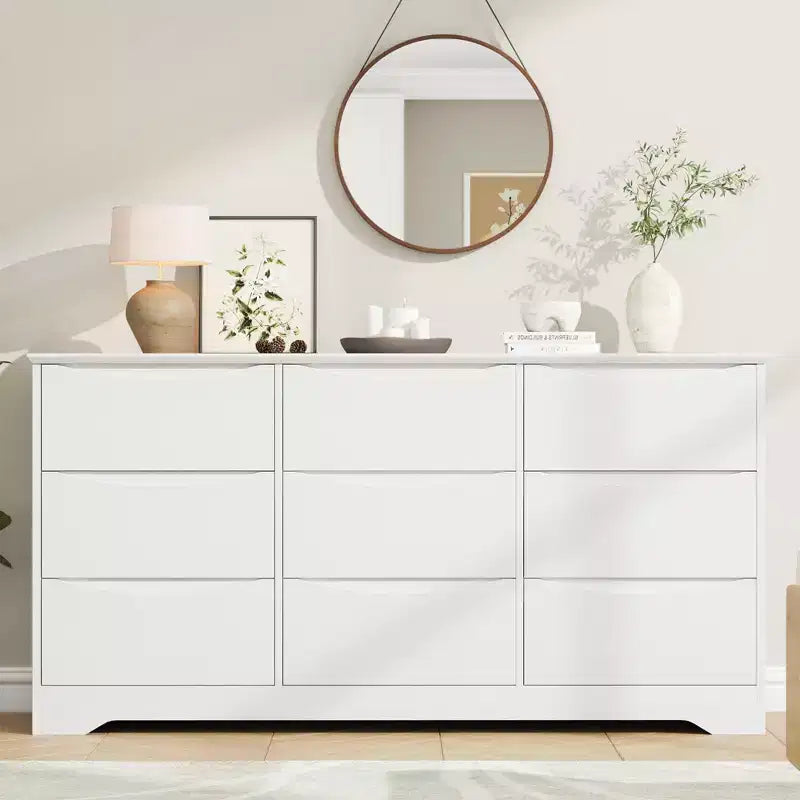 Grande commode en bois moderne à 9 tiroirs, rangement profond et grand coffre à plateau large pour chambre, salon, couloir, chambre d'enfant