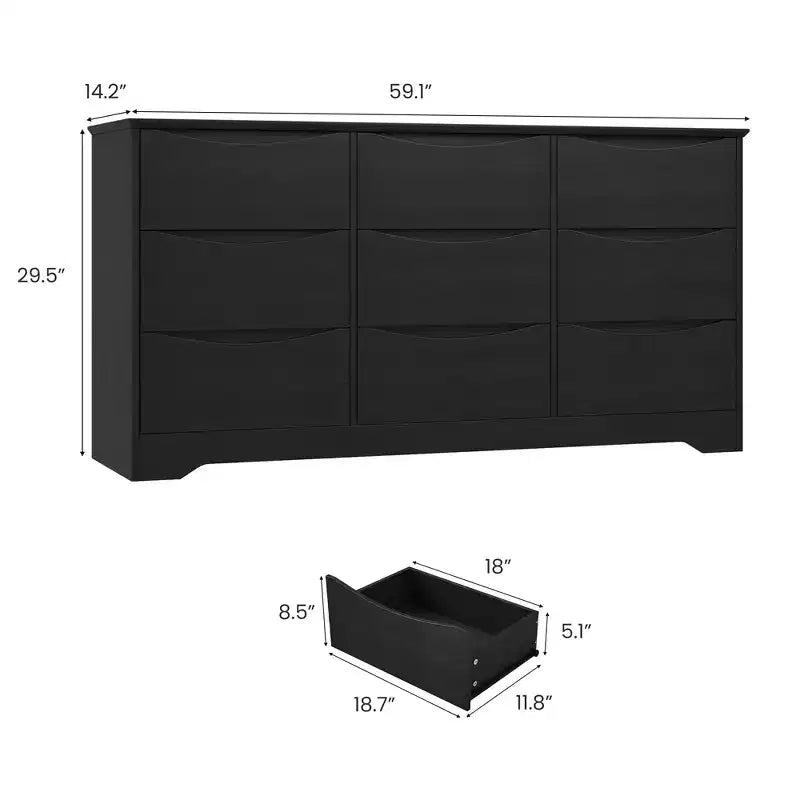 Grande commode en bois moderne à 9 tiroirs, rangement profond et grand coffre à plateau large pour chambre, salon, couloir, chambre d'enfant