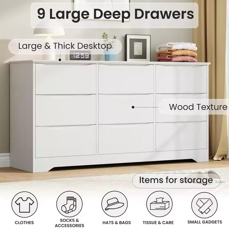 Grande commode en bois moderne à 9 tiroirs, rangement profond et grand coffre à plateau large pour chambre, salon, couloir, chambre d'enfant
