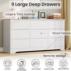 Grande commode en bois moderne à 9 tiroirs, rangement profond et grand coffre à plateau large pour chambre, salon, couloir, chambre d'enfant