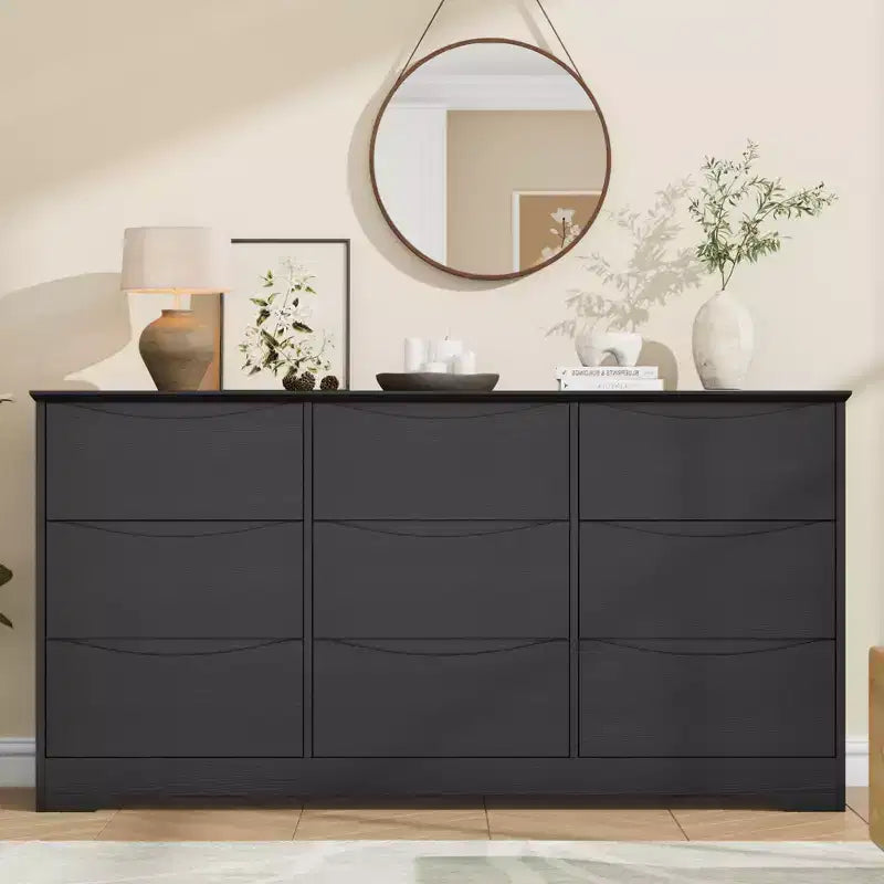 Grande commode en bois moderne à 9 tiroirs, rangement profond et grand coffre à plateau large pour chambre, salon, couloir, chambre d'enfant