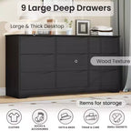 Grande commode en bois moderne à 9 tiroirs, rangement profond et grand coffre à plateau large pour chambre, salon, couloir, chambre d'enfant