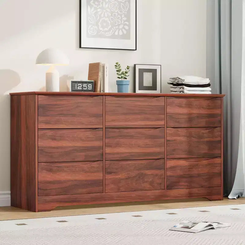 Grande commode en bois moderne à 9 tiroirs, rangement profond et grand coffre à plateau large pour chambre, salon, couloir, chambre d'enfant