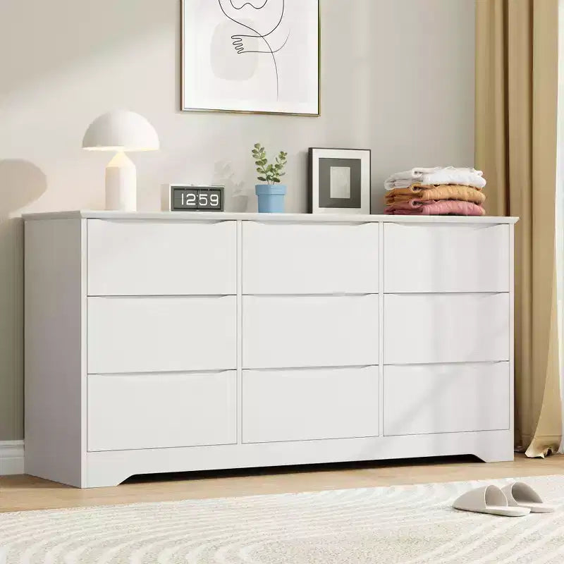 Grande commode en bois moderne à 9 tiroirs, rangement profond et grand coffre à plateau large pour chambre, salon, couloir, chambre d'enfant