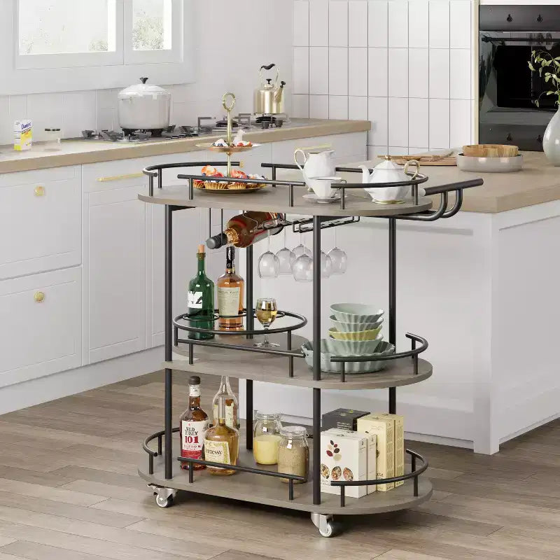 Dessertes de bar avec étagères de rangement à 4 niveaux, chariots de service de bar mobiles sur roulettes avec porte-bouteilles et porte-verres pour cuisine, salle à manger, salon.