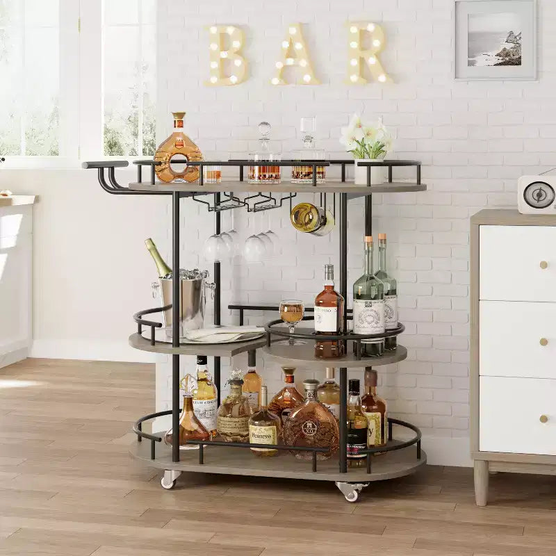 Dessertes de bar avec étagères de rangement à 4 niveaux, chariots de service de bar mobiles sur roulettes avec porte-bouteilles et porte-verres pour cuisine, salle à manger, salon.