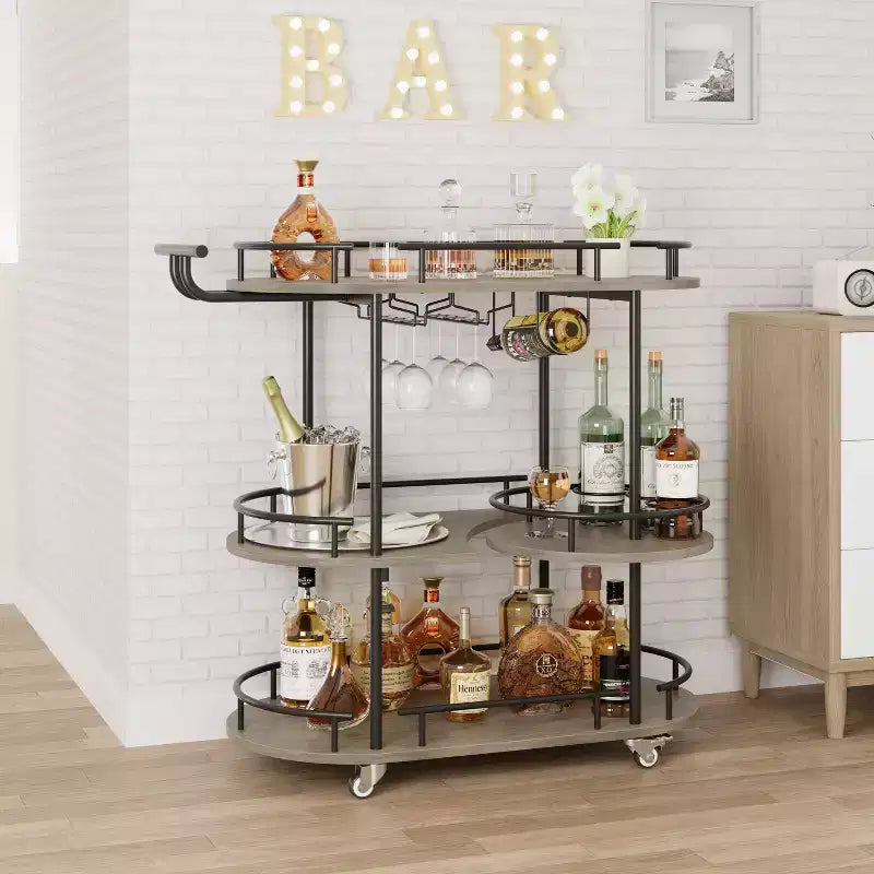 Dessertes de bar avec étagères de rangement à 4 niveaux, chariots de service de bar mobiles sur roulettes avec porte-bouteilles et porte-verres pour cuisine, salle à manger, salon.