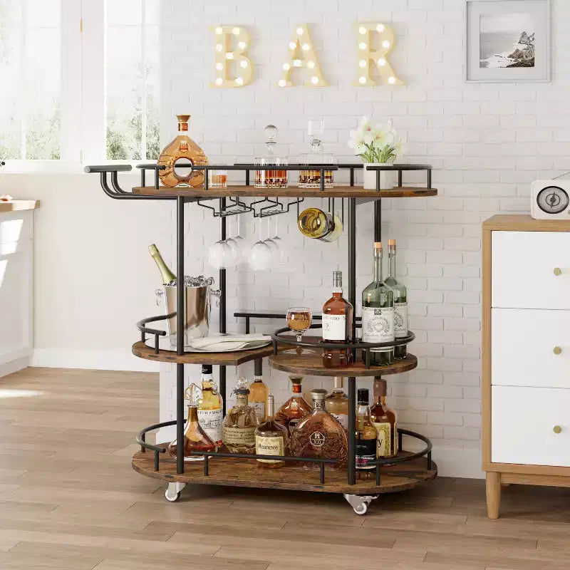 Dessertes de bar avec étagères de rangement à 4 niveaux, chariots de service de bar mobiles sur roulettes avec porte-bouteilles et porte-verres pour cuisine, salle à manger, salon.